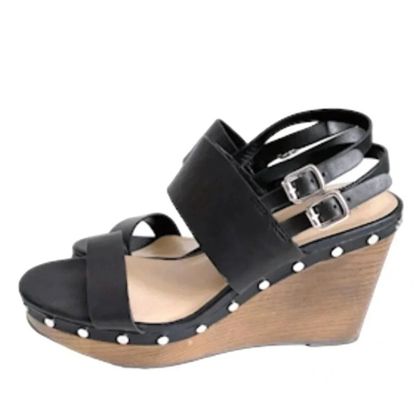 Bleecker and Bond Sandra  Leather Wedge Black Studded Platform Sandals  Size 10 - Picture 1 of 14